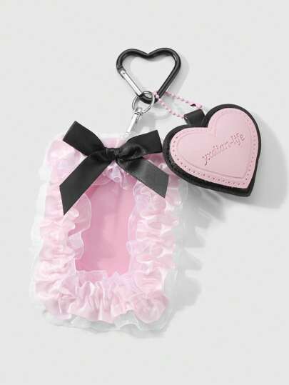 Kawaii 1pc , Cute And Elegant Pink Leather Heart Lace Organza Bow Card Holder, Suitable For Office Workers, Students, Everyday Wear, Ideal For Holiday Gifts