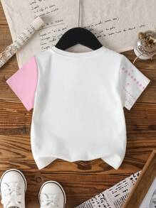 Unico X SHEIN Young Girl Colorblock Cartoon Graphic Round Neck Short Sleeve T-Shirt, Summer