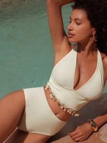 SHEIN Swim Women's Wide Hem Apricot Color Pendant Strap Camisole Tank Top & Tankini Swimsuit Set For Summer Beach Vacation - Apricot - View 1