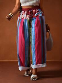Slaydiva Pantaloni maxi lejeri, model uzat, inspirați de vacanța de primăvară/vară și festivalurile de muzică, cu imprimeu grafic multicolor, stil patchwork, pentru femei de mărime mare - Multicolor - Vizualizare 7