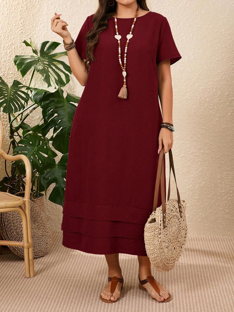 EMERY ROSE 大码纯色短袖休闲度假连衣裙春季女装度假乡村鼠尾草绿