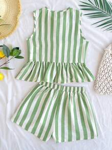 SHEIN Tween Girls Green & White Striped Sleeveless Cute Bowknot Decoration Splicing Ruffle Hem Crop Top And Casual Shorts 2 Pieces Set, Suitable For Spring And Summer, Everyday, Outdoor, Spring Break, Back To School