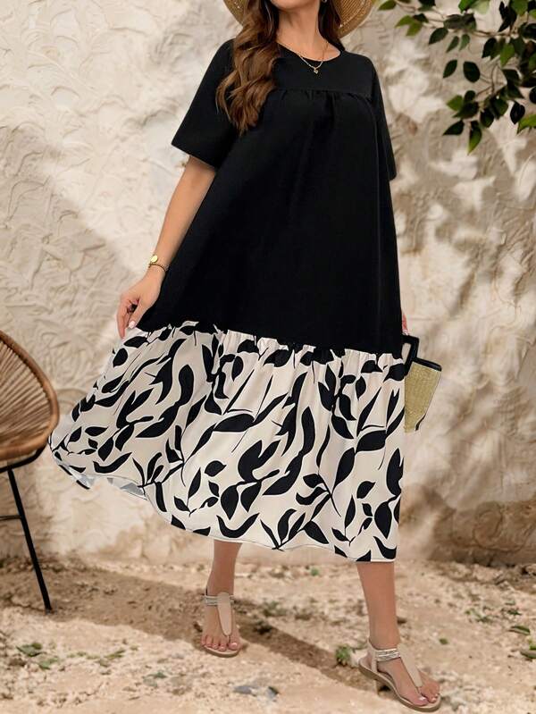 SHEIN Essnce Plus Size Women's Spring And Summer Fashion Casual Loose Comfortable Cool Daily Khaki Print Splicing Black Short-Sleeved Long Dress,Sun Dress,Vacation Outfits,Black Dress,Conservative Dress,Church Outfits Women