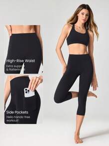 GLOWMODE 21" FeatherFit™ Gotta Glow Sweat-Wicking Stretchy Side Pockets Leggings Low Impact Yoga Pilates Studio Gym Daily Fall Winter - Black - View 3