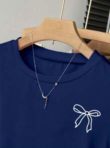 INAWLY Plus Size Women's Summer Casual Bowknot Print Gathered T-Shirt - Navy Blue - View 6