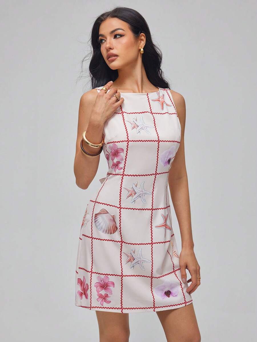 Roylia 女士优雅、时尚、简约印花圆领修身无袖连衣裙 - 杏色 - 查看 1