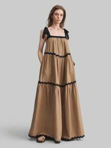 Ontre 2022 New Women Sleeveless Tie-Front Contrast Color Belted Dress, Bowknot Shoulder Tie Beach Dress For Spring & Summer