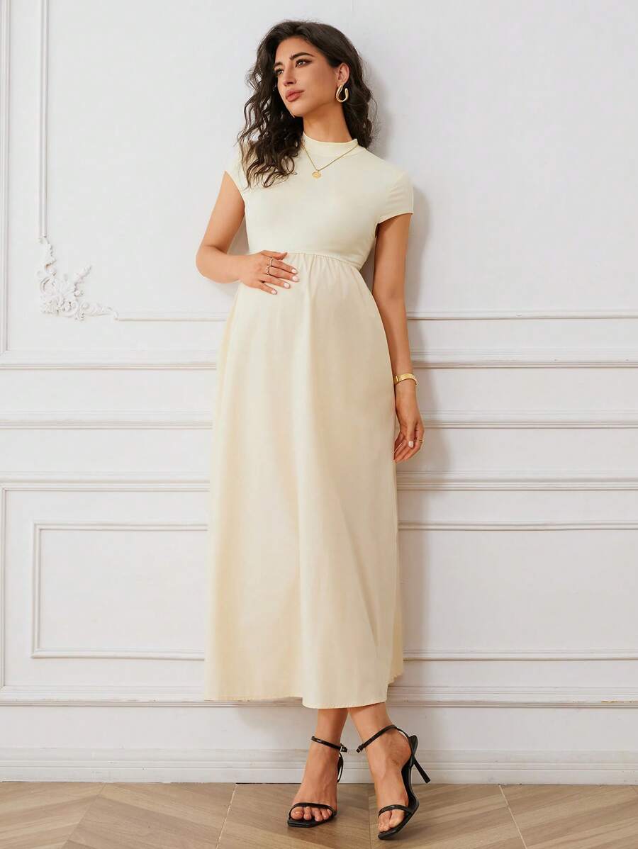 MaterniWear Solid Color Short Sleeve Maternity Dress, Fashionable For Summer - Apricot - View 1