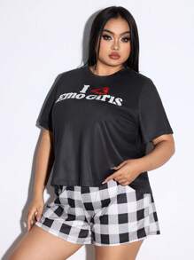 ROMWE Kawaii Conjunto de loungewear casual plus size xadrez e estampa inglesa, para o verão - Preto - Ver 3