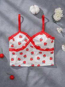 Girls' Strawberry Print Camisole, Comfortable And Sweet Top For Pre-Teens