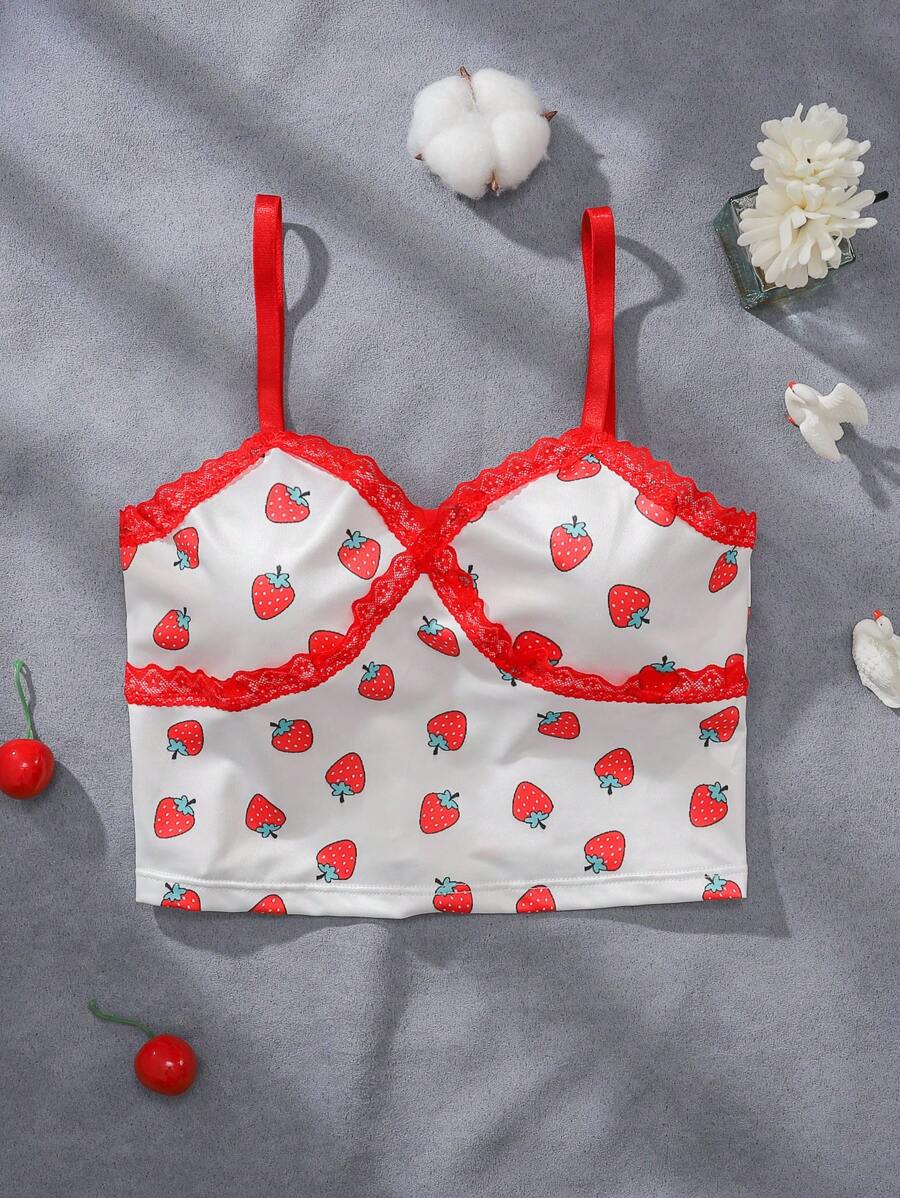 Girls' Strawberry Print Camisole, Comfortable And Sweet Top For Pre-Teens