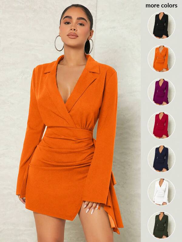 SHEIN SXY Lapel Neck Ruched Wrap Hem Dress