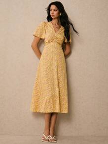Poéselle 女式碎花 V 领扭结短袖中长连衣裙，夏季 - 黃色 - 查看 7