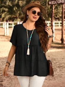 EMERY ROSE Plus Size Solid Color Round Neck Short Sleeve Casual Shirt, Summer Bohemian Clothes Suitable For Spring And Summer Boho Tops For Women Tiered Summer Top Women Summer Blouse Top - Black - View 3