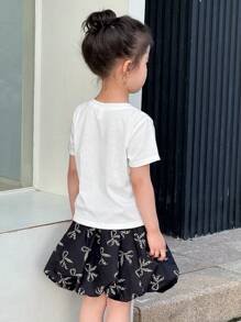 SHEIN 年轻女孩休闲街头风格豹纹蝴蝶结 T 恤和豹纹蝴蝶结迷你裙 2 件套 - 白色 - 查看 3