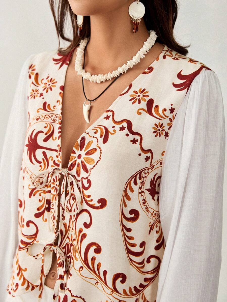 Florisole 波西米亚风格 V 领开衫系带度假衬衫女士夏季 - 棕色 - 查看 1