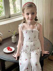 LMoss Kids Young Girl's Cherry Pattern Pleated Jumpsuit - Multicolor - View 3