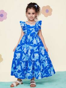 Vestido informal de gasa con estampado floral diminuto y volantes en el bajo para niñas jóvenes