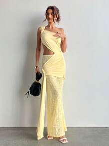 Aloruh Abito mini sexy con vita in pizzo giallo e inserti in pizzo, senza maniche, per donna