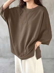 FRIFUL Women's Casual Loose Solid Round Neck T-Shirt With Side Slits, Summer