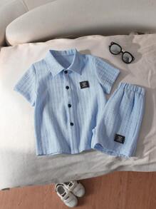 2pcs/Set Young Boy Casual Short Sleeve Shirt + Shorts Outfit, Suitable For Daily Wear, School, Travel, Outdoor Play, Summer Season
