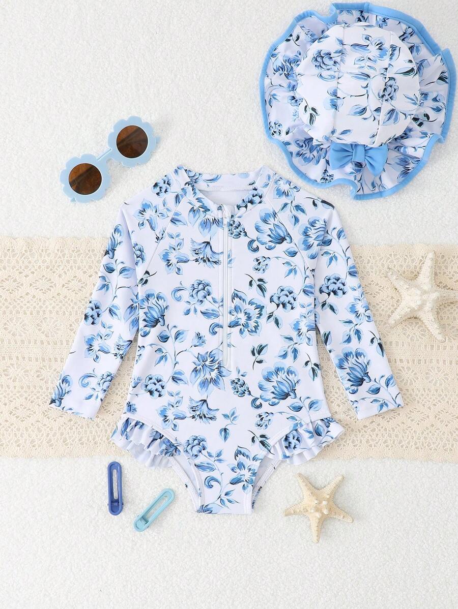 女婴花卉印花荷叶边连体泳衣，夏季假日海滩