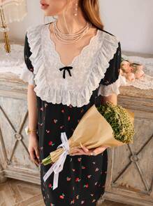 CottageSlumber Contrast Ruffle Trim Cherry Print Bubble Short Sleeve Women Nightgown Babydoll Holiday Season, Vacation