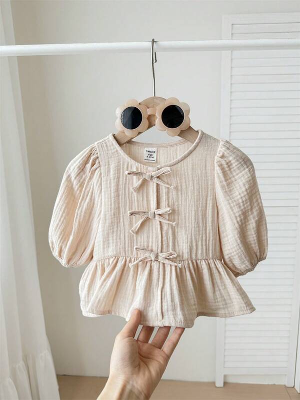 SHEIN Baby Mädchen süßes rosa Schleifchen Kurzarm Top, Mutter-Tochter-Partnerlook (separat erhältlich), Sommer