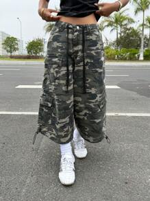 Muchica Camo Print Women's Drawstring Waist Loose Wide Leg Cargo Jeans - Multicolor - View 3