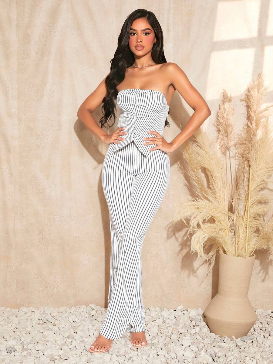 SHEIN SXY Mùa hè Quý cô Gợi cảm Kết cấu Màu xanh lá Ống ngọn Với nút & Quần loe Bộ - màu đen - Xem 1