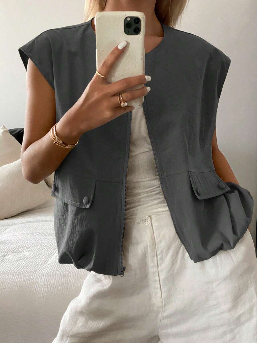 Livesso 夏季新款宽松休闲无袖背心，女士商务休闲外套，女士夹克，秋季女装女式大衣 - 深灰色 - 查看 1