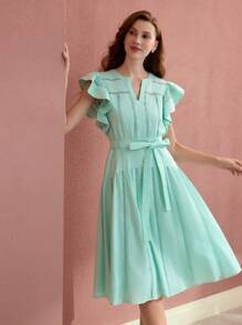 MOTF PREMIUM RUFFLE TRIM BELTED DRESS - Green - View 6