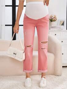 SHEIN Pregnant Women Solid Color Ripped Pockets Casual Fashion Jeans - Pink - View 6