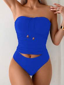 SHEIN Swim Top sin tirantes de ajuste ceñido y color liso, elegante y versátil, de moda para el verano - azul real - Ver 3