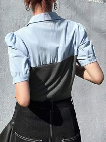 FRIFUL Camicia da donna con maniche a palloncino e blocchi di colore 2 in 1