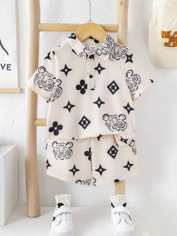 2 bucăți/Set Bebeluș băiețel/fetă Sport ocazional în stil colegiu, drăguț, amuzant, tricot, set de pantaloni scurți cu talie elastică, potrivit pentru îmbrăcăminte de casă de primăvară/vară și îmbrăcăminte în aer liber