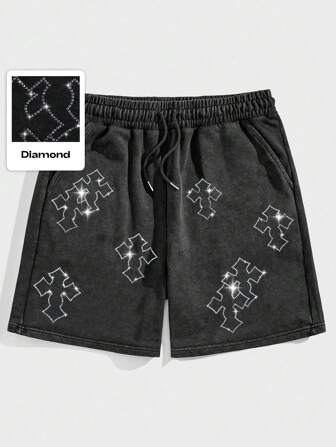Goth Men's Gothic Drawstring Waist Rhinestone Cross Pocket Casual Shorts