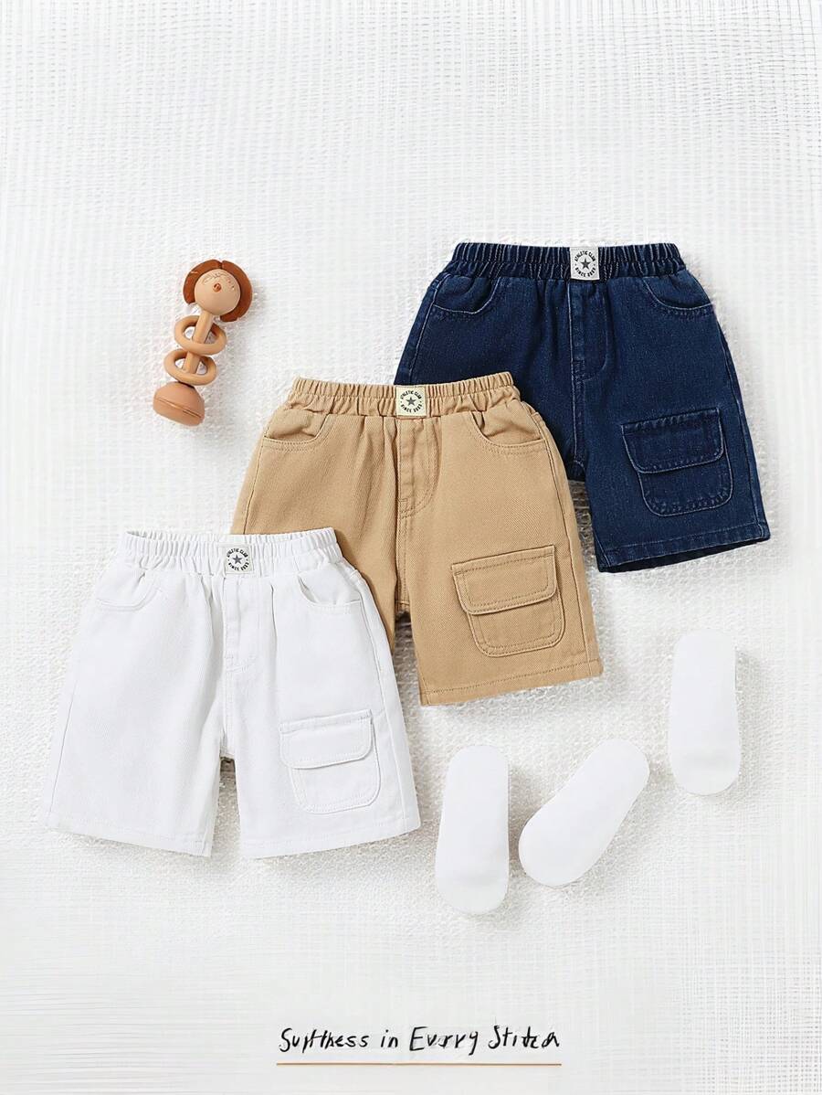 Set de 3 paquetes de bermudas de mezclilla DENIMLY para niños y jóvenes de uso diario, diseño unisex con parche de estrellas en la parte delantera, cintura elástica, ajuste holgado cómodo y múltiples bolsillos.