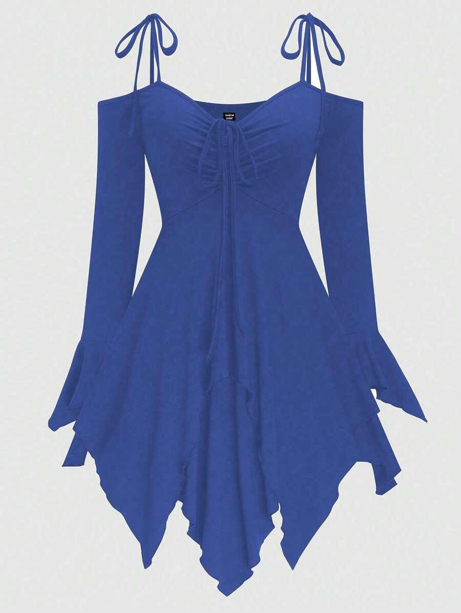 Flirla Plus Size Asymmetrical Hem Cinched Waist Casual Dress - Navy Blue - View 1