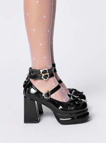 ROMWE Kawaii Giày cao gót màu đen, mũi kín, quai Mary Jane, đế xuồng, giày Gothic Lolita, trang trí nơ, phong cách Nhật Bản Sweet Jk, giày cao gót nữ, giày Halloween - màu đen - Xem 4