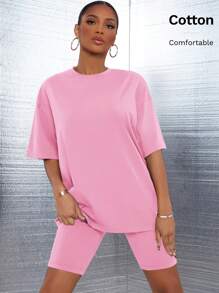 SHEIN SXY Drop Shoulder Solid Top & Biker Shorts Set