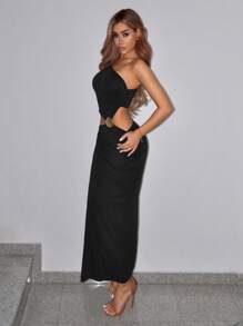 SHEIN ICON Women's Solid Color Asymmetric Neckline Hollow-Out Sleeveless Dress - Black - View 3