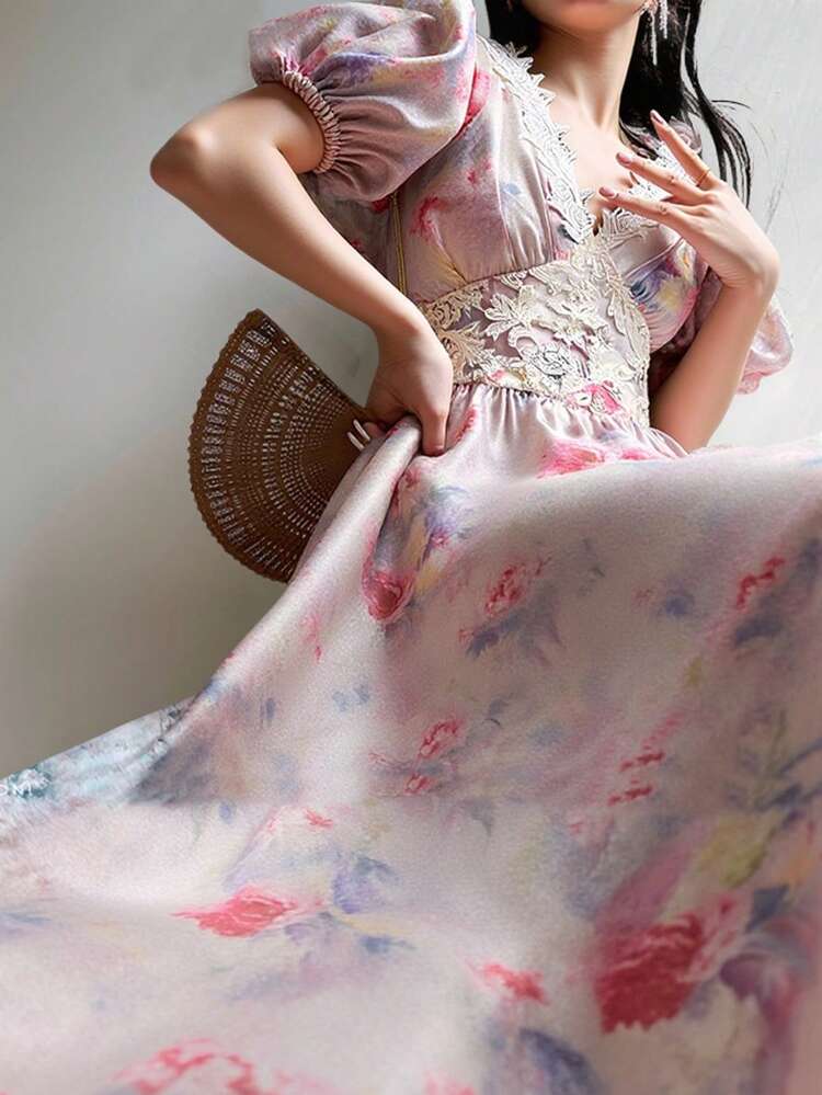 Women's Floral Lace Patchwork Cinched Waist Dress, Summer Dress