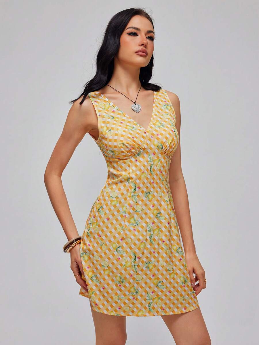 Roylia Women V-Neck Sleeveless Waist Cinched Yellow Floral Print Dress - Yellow - View 1