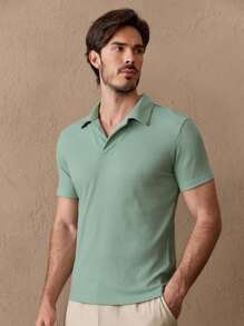 GENTILAND Camisa tipo polo casual de vacaciones de algodón para hombre con cuello de punto acanalado en color verde menta liso, regalo de novio - verde menta - Ver 1