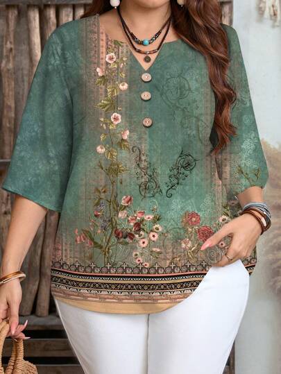 Mellowie Camisa suelta casual con estampado floral, apropiada para el verano, tallas grandes