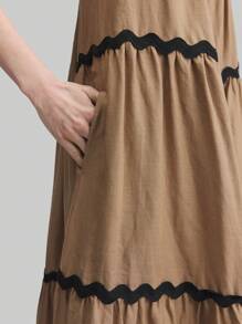 Ontre 2022 New Women Sleeveless Tie-Front Contrast Color Belted Dress, Bowknot Shoulder Tie Beach Dress For Spring & Summer