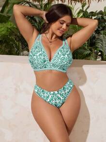SHEIN Swim Curve Plus Size Women 2 Pieces Adjustable Strap Sexy Fashionable High-Waisted Triangle Bikini Set Set, For Vacation And Daily Wear For Summer - Green - View 4