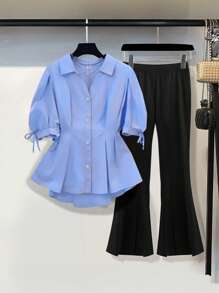 Franclia Plus Size Women's Blue Front Button Top And Black Flare Leg Pants Elegant 2 Pieces Set