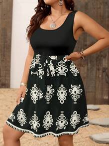 SHEIN VCAY 大码女式休闲节日花卉图案拼布长裙女士夏季大码服装、乡村服装女士、狂欢节服装节日大码女式夏季服装 - 黑色 - 查看 3